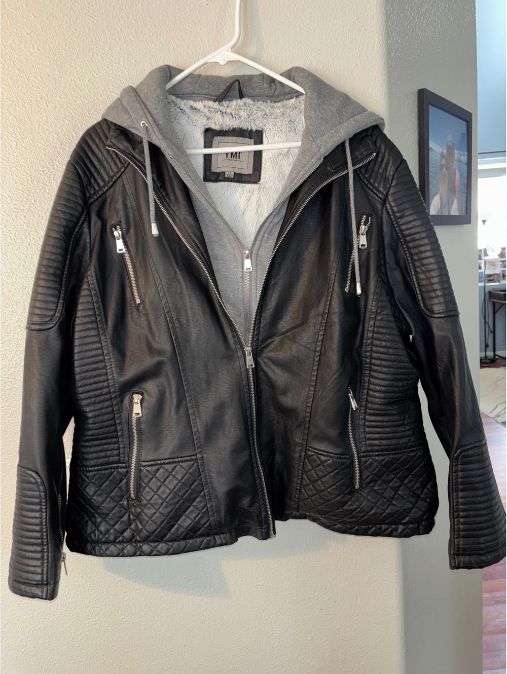 YMI Collection Black Faux Leather Moto Jacket Detachable Hood Layered Plus 2X